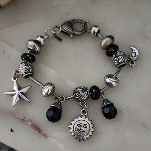 RMN Silver Tone Black Stone Sun, Moon, Star Beaded Charm Bracelet